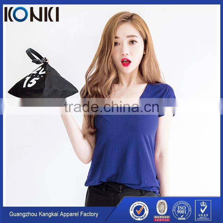 Lady's v neck curved hem cotton tee shirt blue color customized bulk wholesale printing Tee shirt