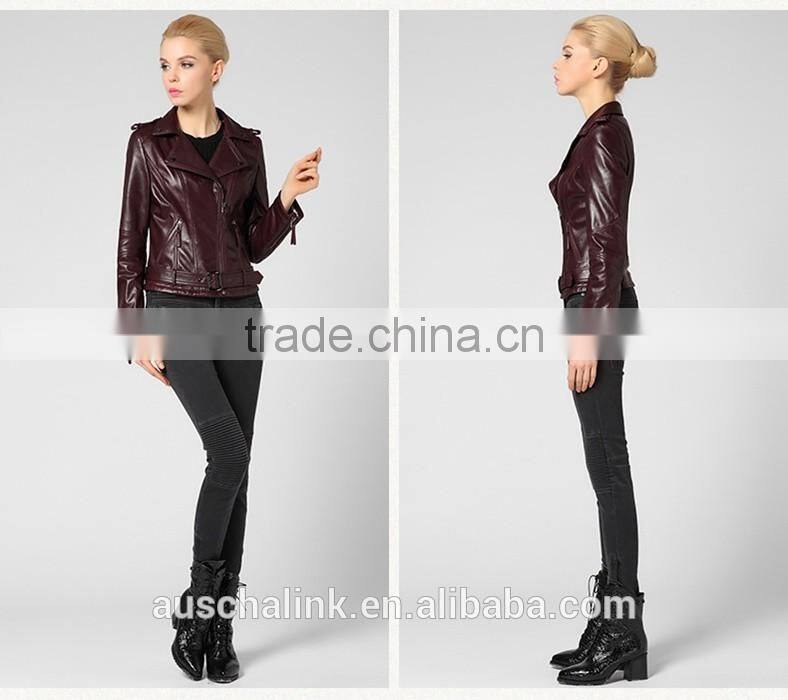 newest german style lady pure lambskin trendy red wine leather jacket