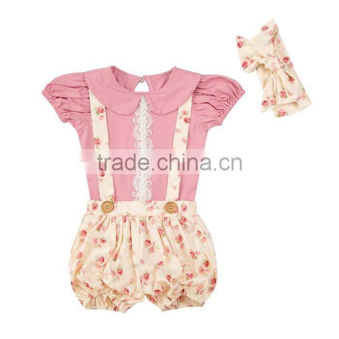 2017 Newest Cotton Baby Clothes Flutter Sleeve Top Suspender Shorts Girls Outfit