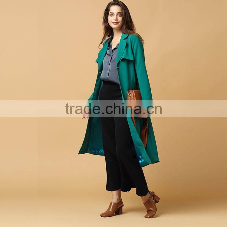 HAODUOYI Women Lightweight Solid Green Elegant Slim Outwears Single Breasted Tie Waist Trench Coat