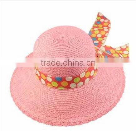 Pink promotional plain panama straw hat with ribbon