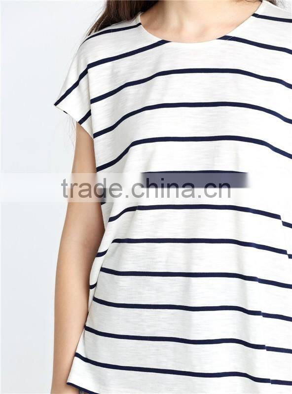 European American style leisure loose knitting minimalism round collar short sleeve stripe T-shirt