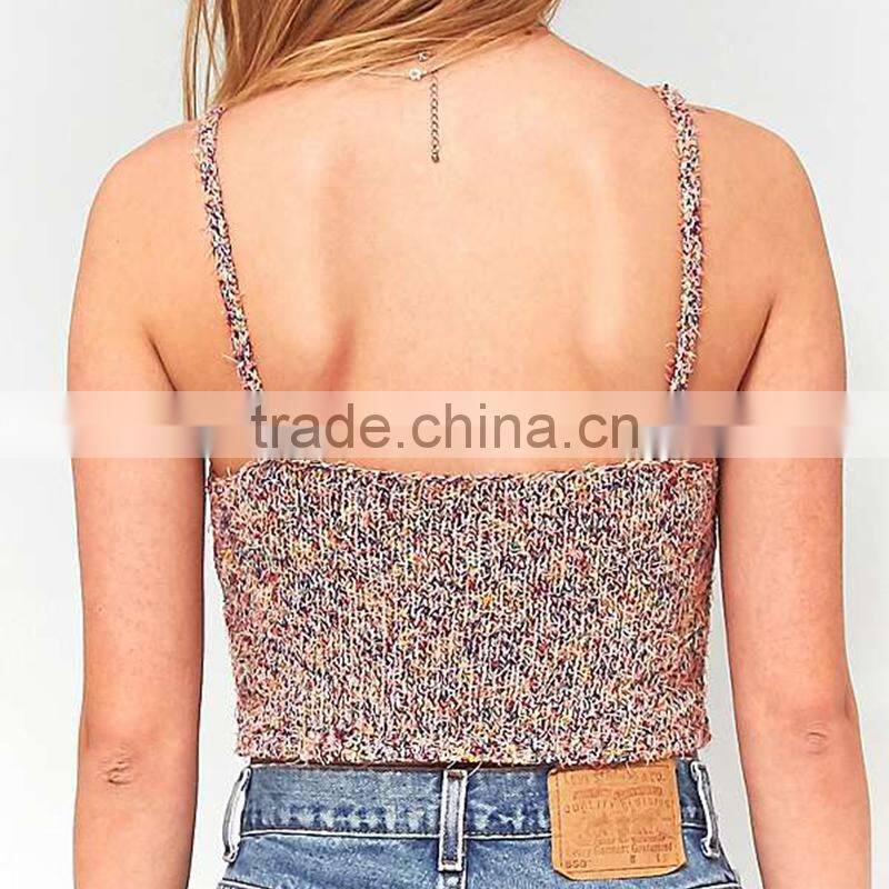 2017 Unique women colorful knit fabrication v-neck thin straps knit crop tops