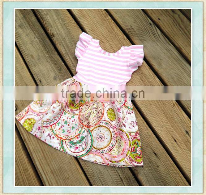 wholesale children clothing Cute girl's pink striped dress fly sleeve dress