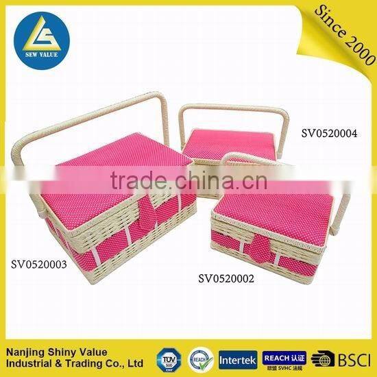 bamboo woven basket small size with white dot on pink cotton fabric