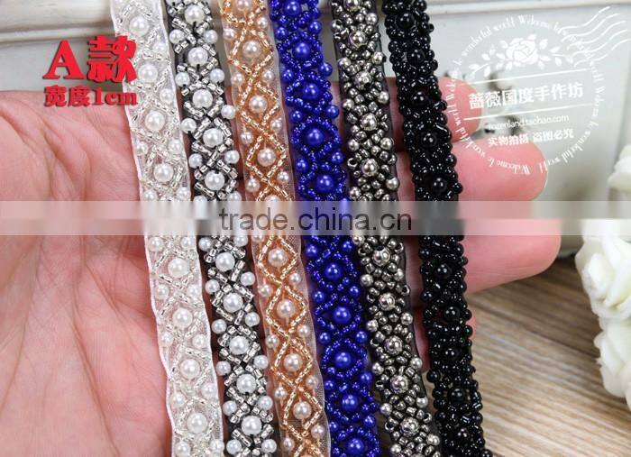 Handmade diy clothing collar accessories 1-3cm black white pearl decorative beaded lace trim