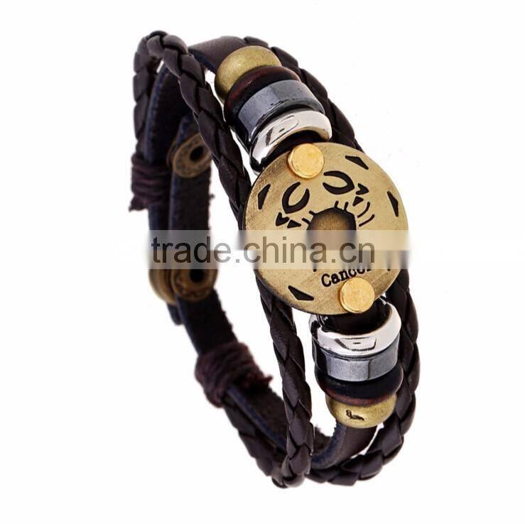 Retro 12 Zodiac Womens Mens Genuine Real Braid Faux Leather Bracelet Bangle Cuff Wristband Handmade Jewlery
