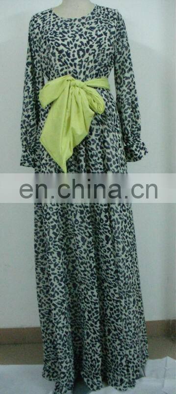 Long sleeve muslim dress for woman,chiffon maxi dress with belt