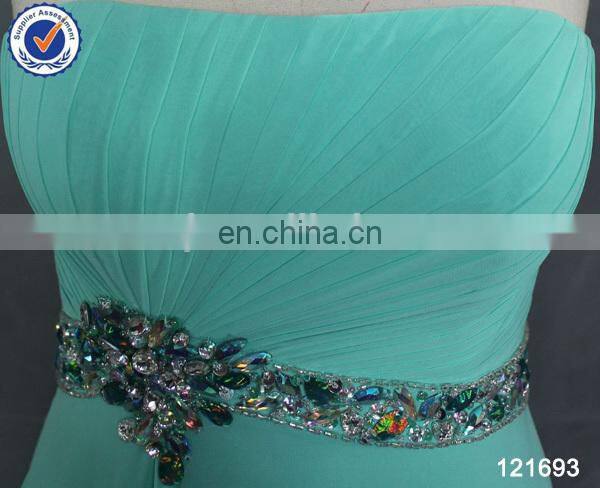 Simple design chiffon sweep train turquoise blue bridesmaid dresses with beaded belt