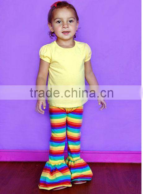 hotsale girls ruffled cheap capri pants fashion latest capris pant for kids pink solid pants with tripple ruffles stretch capris