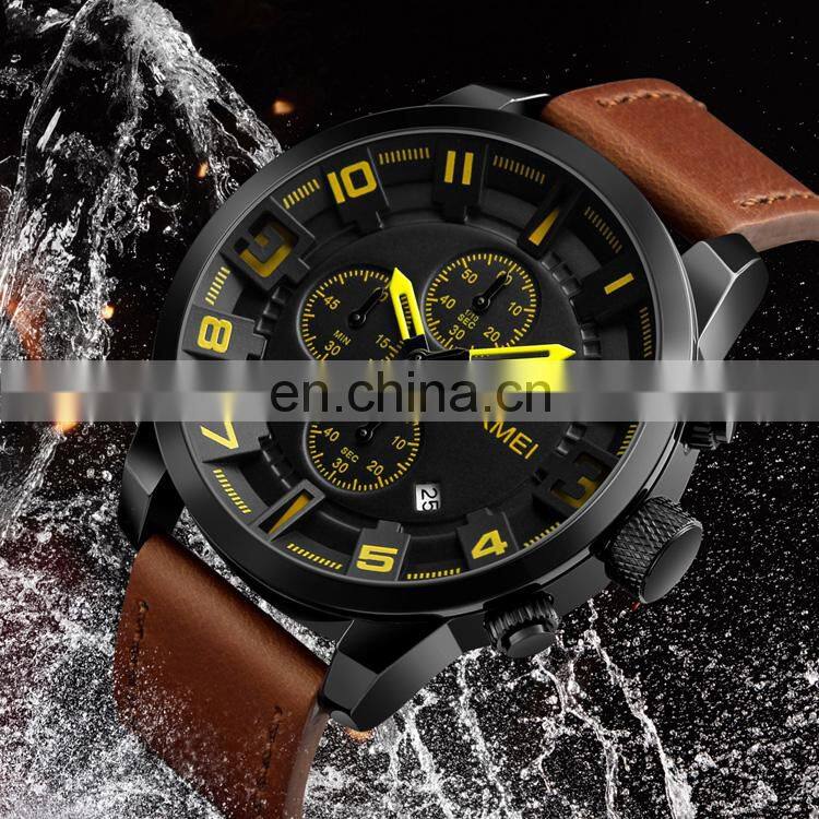 SKMEI 1309 my brand name logo custom printed watch automatic stopwatch stainless steel case back water proof watch leather band