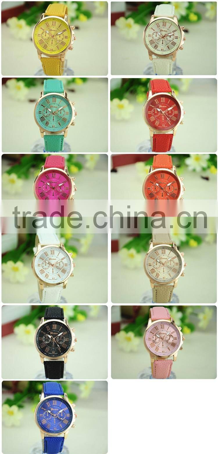 2016 New Leather Geneva Watches Women Dress Quartz Roman Style Leather Wristwatch Hot Sale Lady Watches