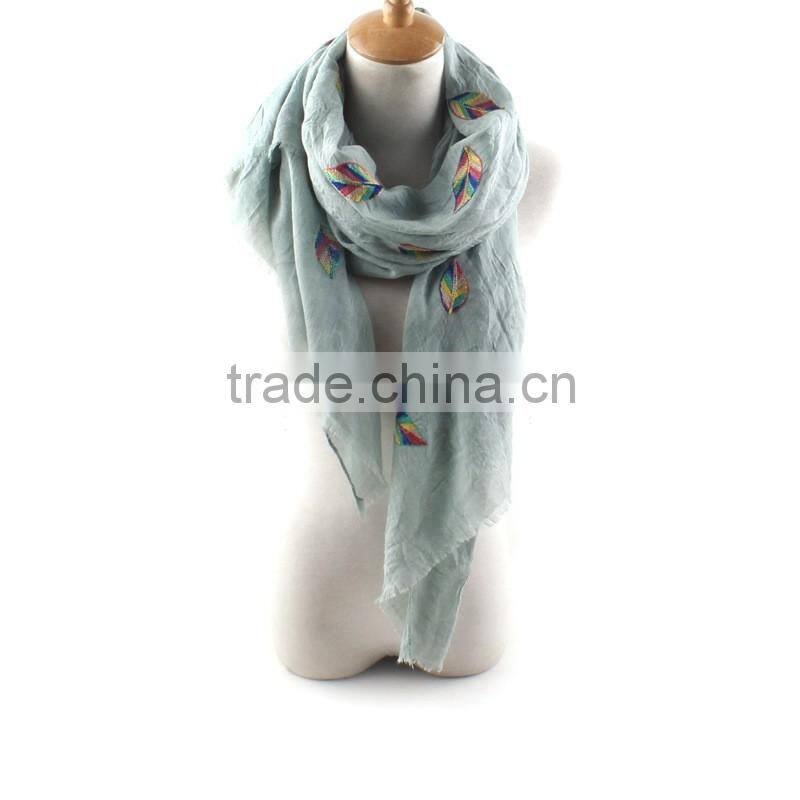 2016 Spring Newest Colorful Leaf Hand Embroidery Designs Cotton Scarves