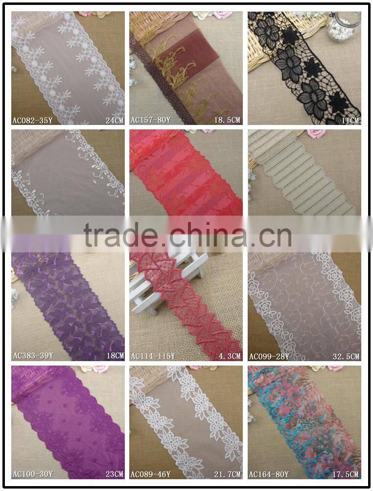 Factory fashion stock cheap pink 21.5cm nylon double side embroidery woman clothes ace fabric