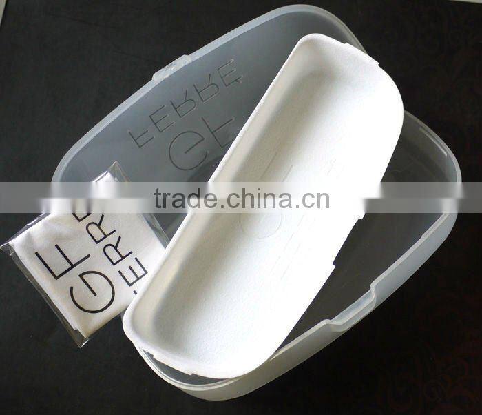 Plastic eyeglass case with logo and cloth