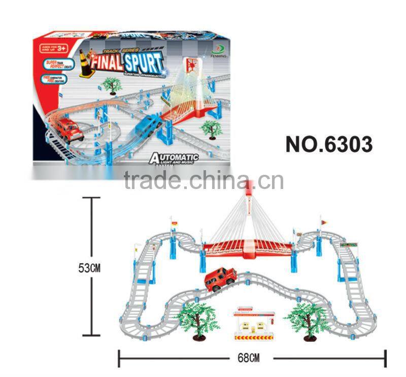 Plastic toy B/O railcar with music and light/ railway toy set 6302