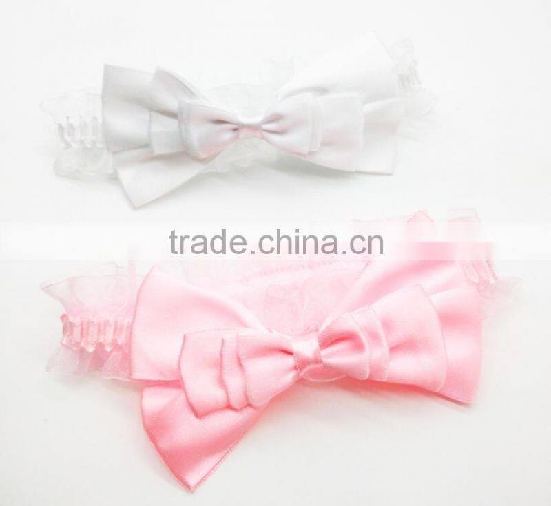 Satin layered bow lace headband for baby,cheap handmade soft headbands