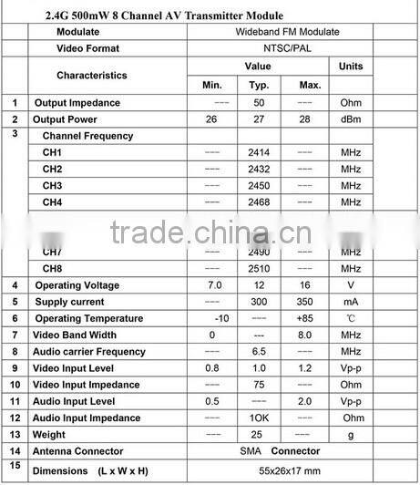 2.4g fpv rc drone TS321 2.4Ghz 500mW Wireless AV FPV Transmitter for Multi Airplane sender