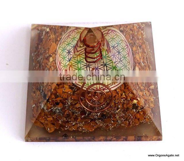 Big Orgonite Yellow Aventurine Pyramid With Flower Of Life Symbol And Crystal Point