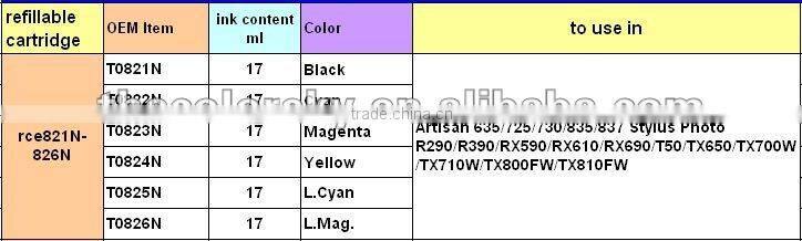 (RCE821n-826n) refillable refill ink cartridge for Epson T0821n-T0826n 82N 82 T082N T0821N BK/C/M/Y/LC/LM (with ARC chip)