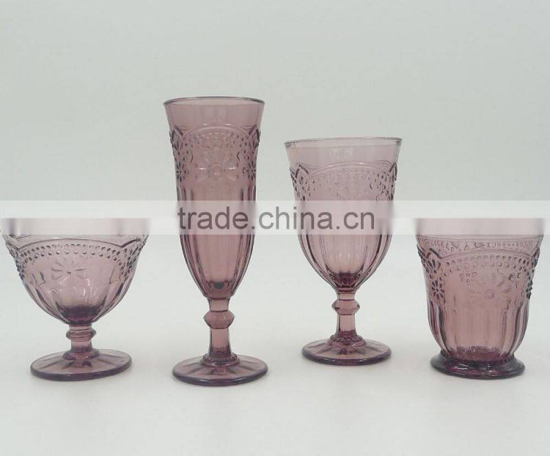 press Wine goblet,Hiball,DOF, sundae cup color glass in purple with sakura design embossed