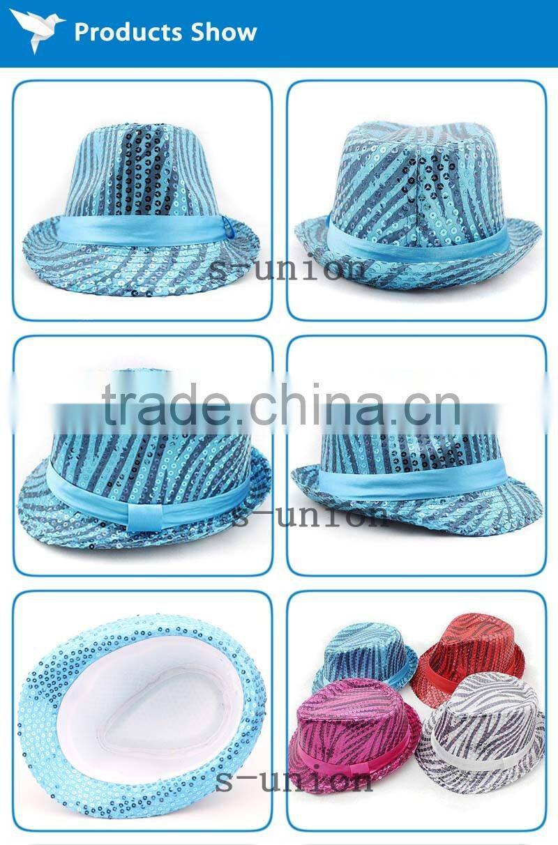 Fancy personalized blue zebra stripe printing birthday glitter caps costome mens funny women fedora party shiny sequins hats