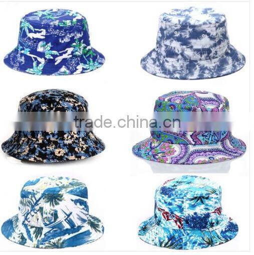 Bucket Hat Blue Tropical Floral Hawaii Tie Dye Paint Hat Fishing Sun Cap Goldtop