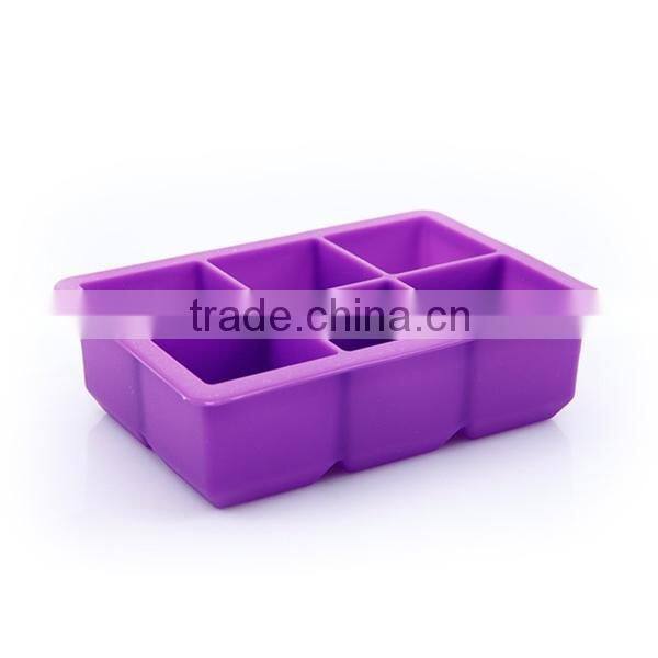FDA approved food grade 6 cavities large square ice cube maker 2" silicone ice cubes tray