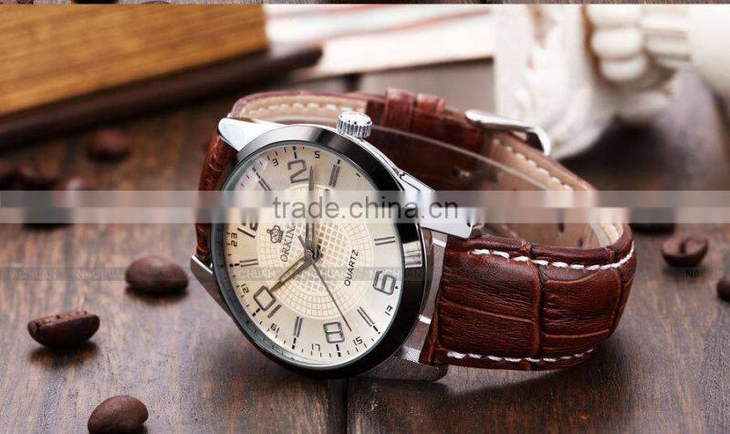 Orkina Coffee Leather Stainless Steel Case Chrono Quartz Men's Analog Sport Watch