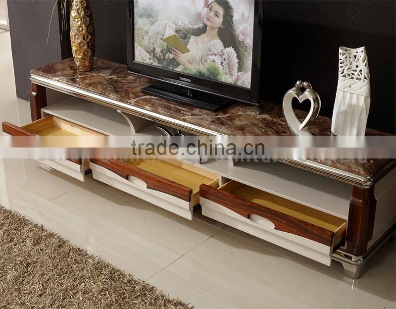 Classic wooden led tv stand furniture with showcase marble top