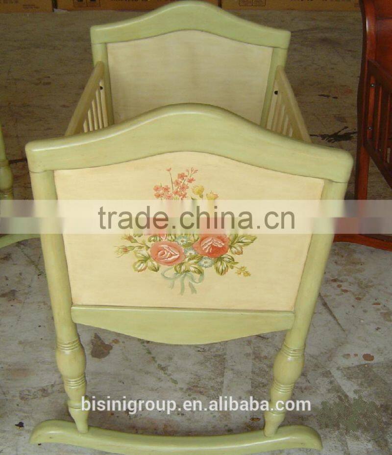 Bisini new arrival hand carved wooden baby cradle, handmade painting flower baby swing bassinet - BF07-70348