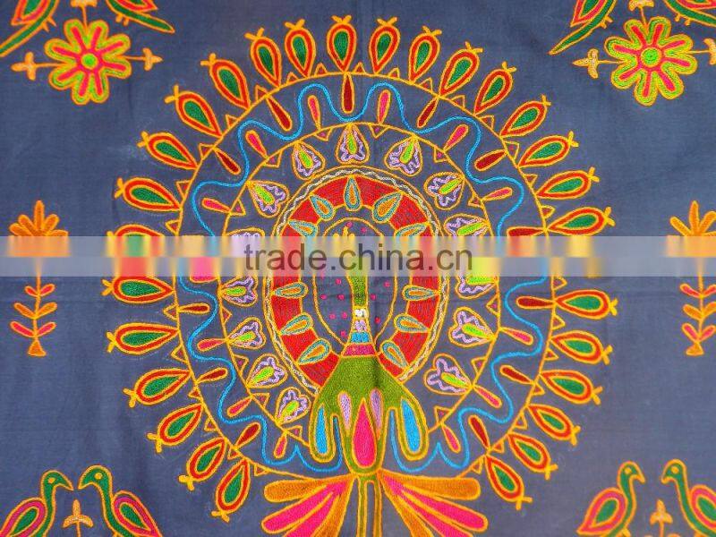Handcrafted Khambadia Patchwork Indian Dancing Peacock Hand Embroidery Work Cotton Wall Hanging Tapestry