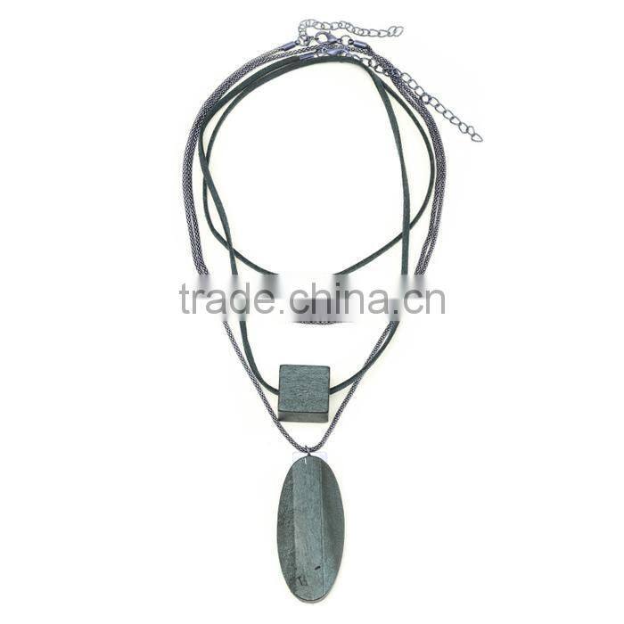 multi strand geometric wood bead pendant necklace long wooden beads sweater necklace layered suede leather chain necklace