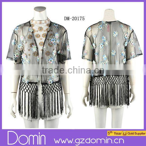 Fancy Design Flower Fringe short sleeve Ladies Kimono