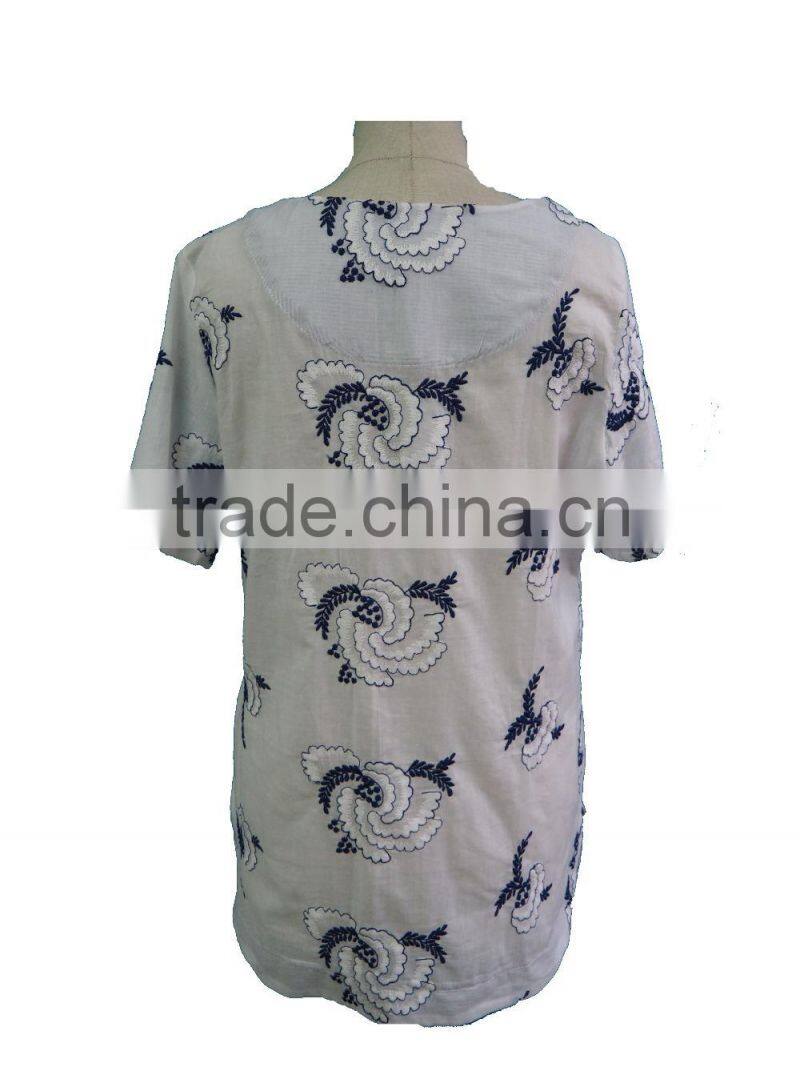 Floral Hand Embroidery Designs Round Collar Short Sleeve with Front Pocket Blouse Tunic Dress