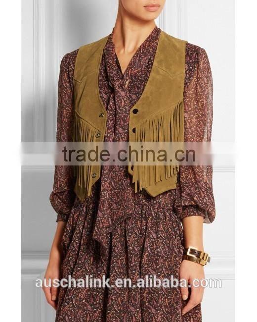 high quality women sweet brown slim fit fringe suede vest