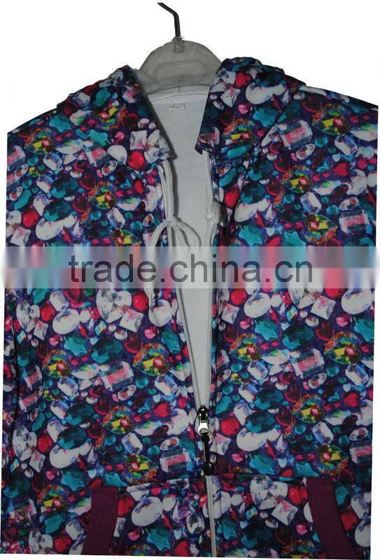 Professional Fleece Wear Manufacturer designs itself full print women's fleece hoody jacket polyester fleece,240g brushed inside