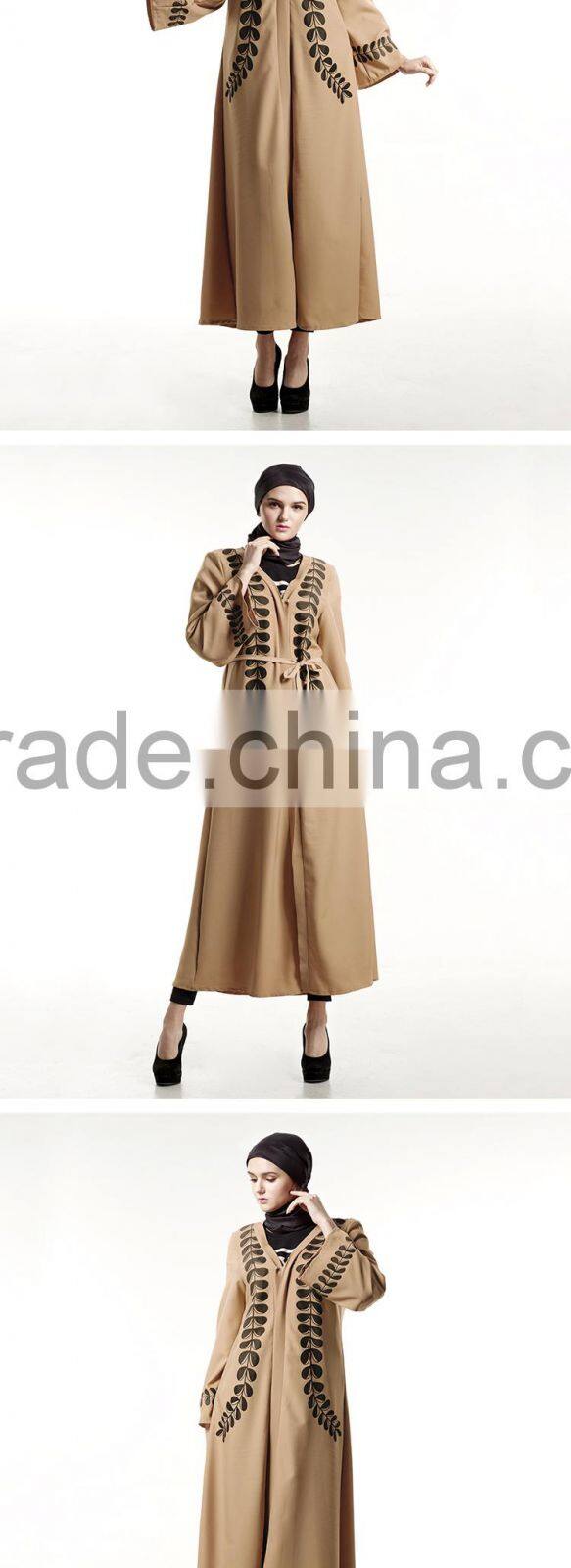 Zakiyyah E011 2017 Hot sale abaya modern in plover case printed muslim cardigan brown color dress with belt for malaysia women