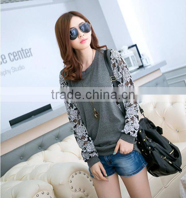 Korean style slim round neck long batwing sleeve women lace stitching plus size blank t-shirt