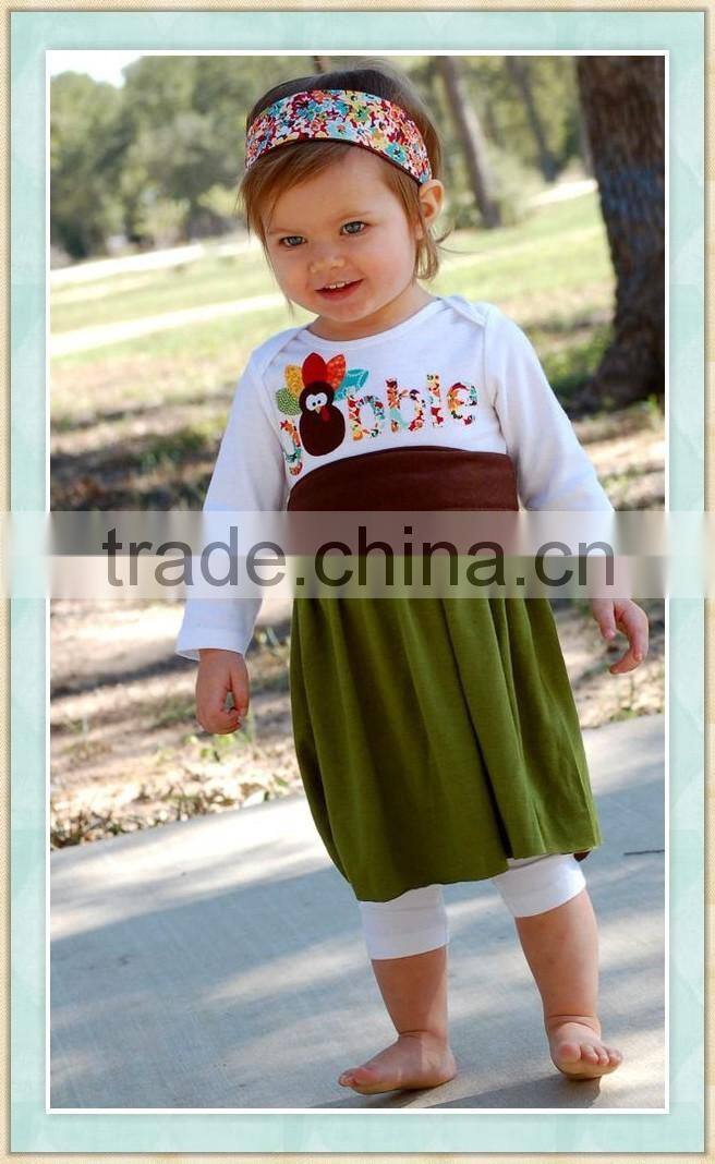 Turkey embroidered girl's dress thankingsgiving day clothing fashion frock design monogram green top icing Capri pants kids sets