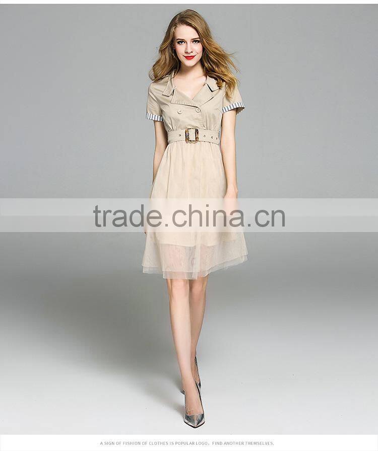 2017 summer for women Summer lapel stitching grenadine elegant short sleeve slim dress with belt