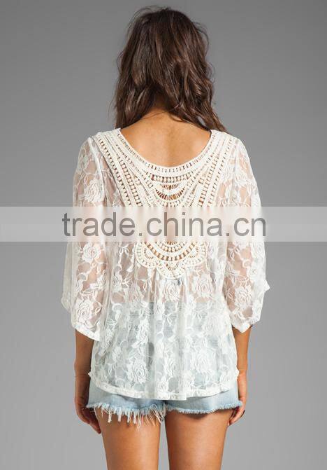 95% nylon 5% spandex sheer fabric lace top