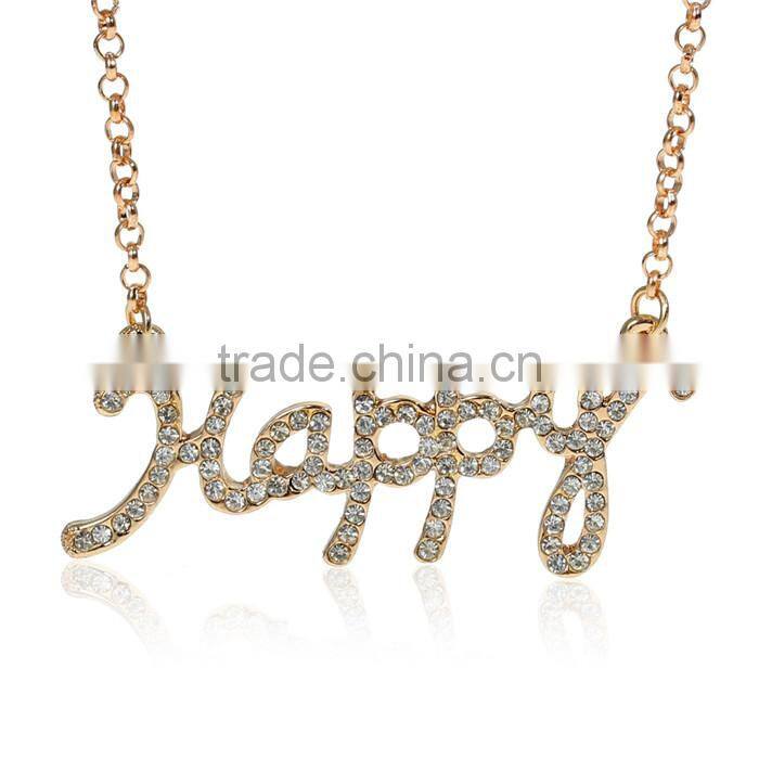 Jewelry Cable Chain Necklace "Happy" Gold Plated Clear Rhinestone Lobster Clasp Extender Chain 46.5cmlong