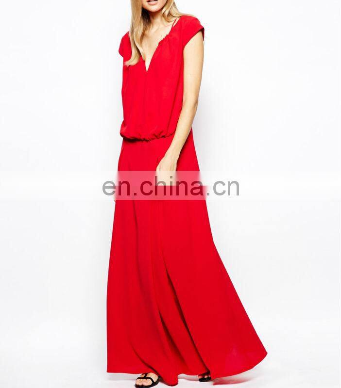 CHEFON Lace Up Detail Red Maxi Dress