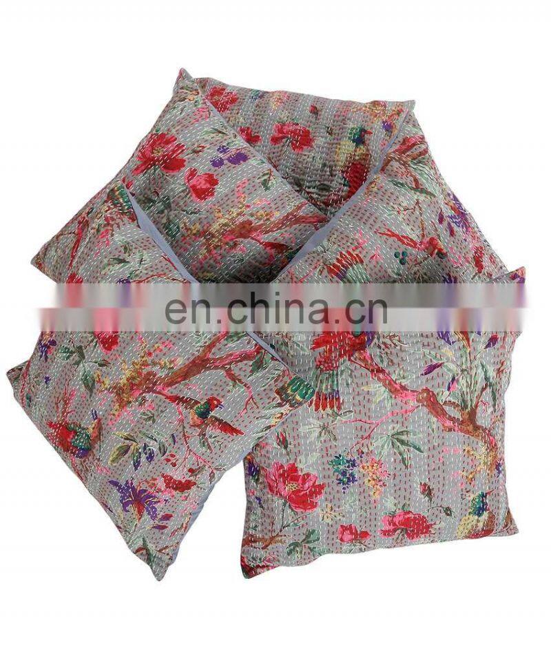 Gray Kantha Pillow Cover Indian floral bird print embroidered pillow handmade throw pillow Cushion Covers