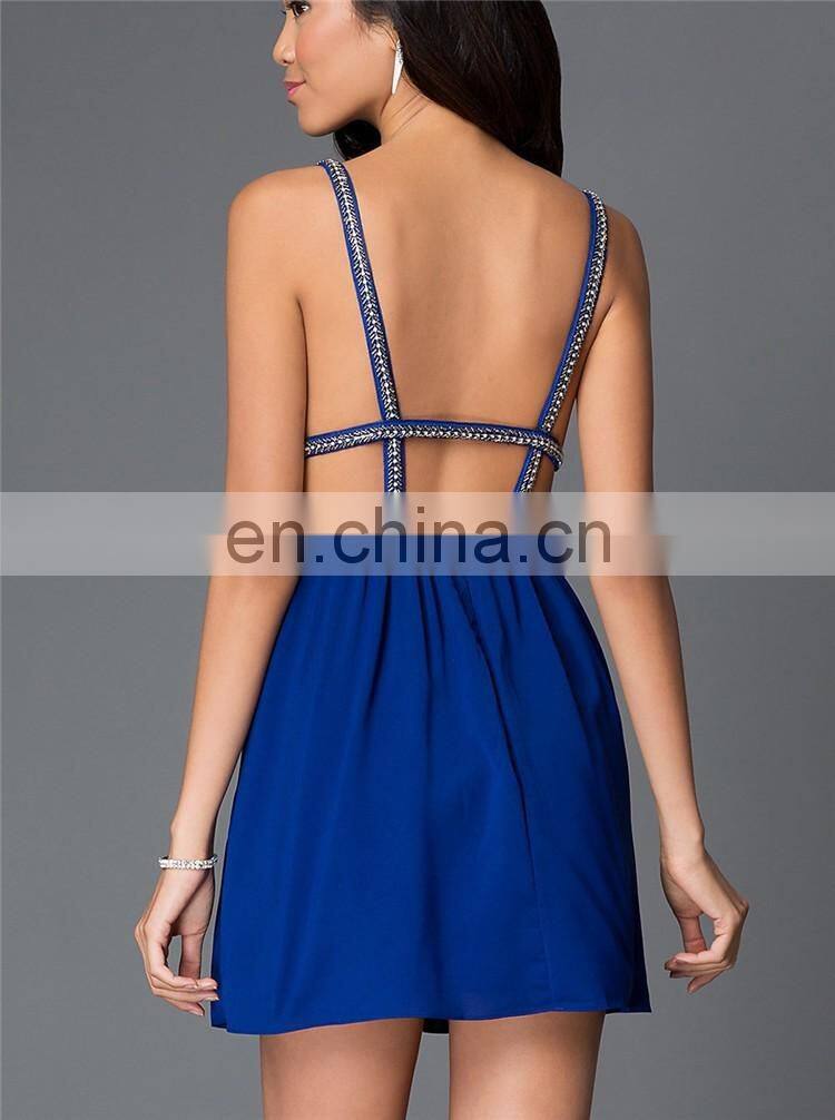 China Supplier Royal Blue Formal Short V-Neck Chiffon Party Dress Patterns