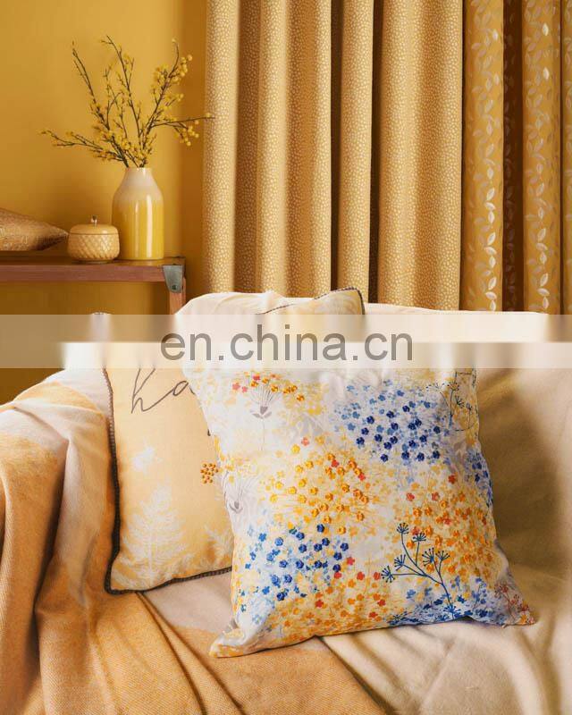 Home Decorative Digital print and Embroidery Warm Light Yellow Happy Slogan Cushions Covers Pillow Cases with Pom Pom