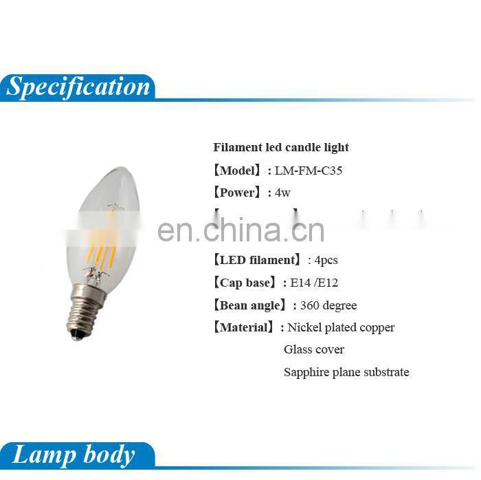 E12/E14 AC 110V 120V 60Hz Dimmable LED Edison Filament Candle Light Bulb 2W 4W 6W Replace 20w 40w 60W Incandescent Lamp Lighting
