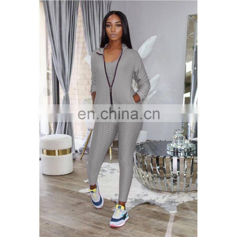 2021 New Fashion Plain Long Sleeve Jacquard 3 Piece Fall Sets Women Zipper Tracksuit Set
