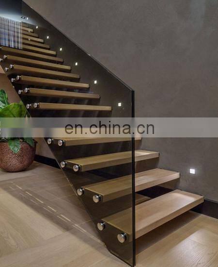 Wood Straight Staircase For Tempered Glass Railing